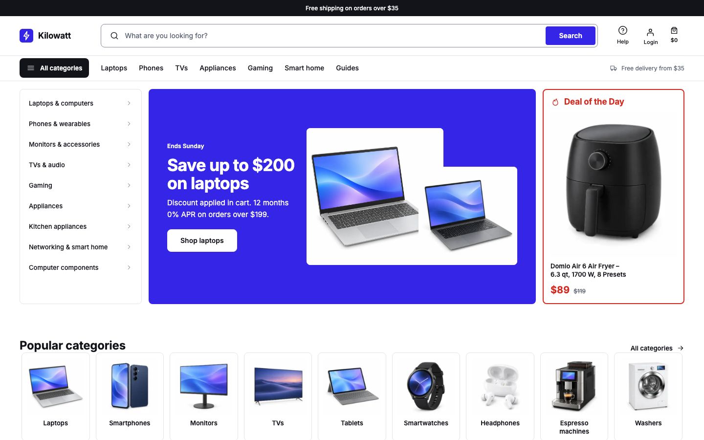 The Kilowatt demo's home page, with its departments, a banner and the deal of the day
