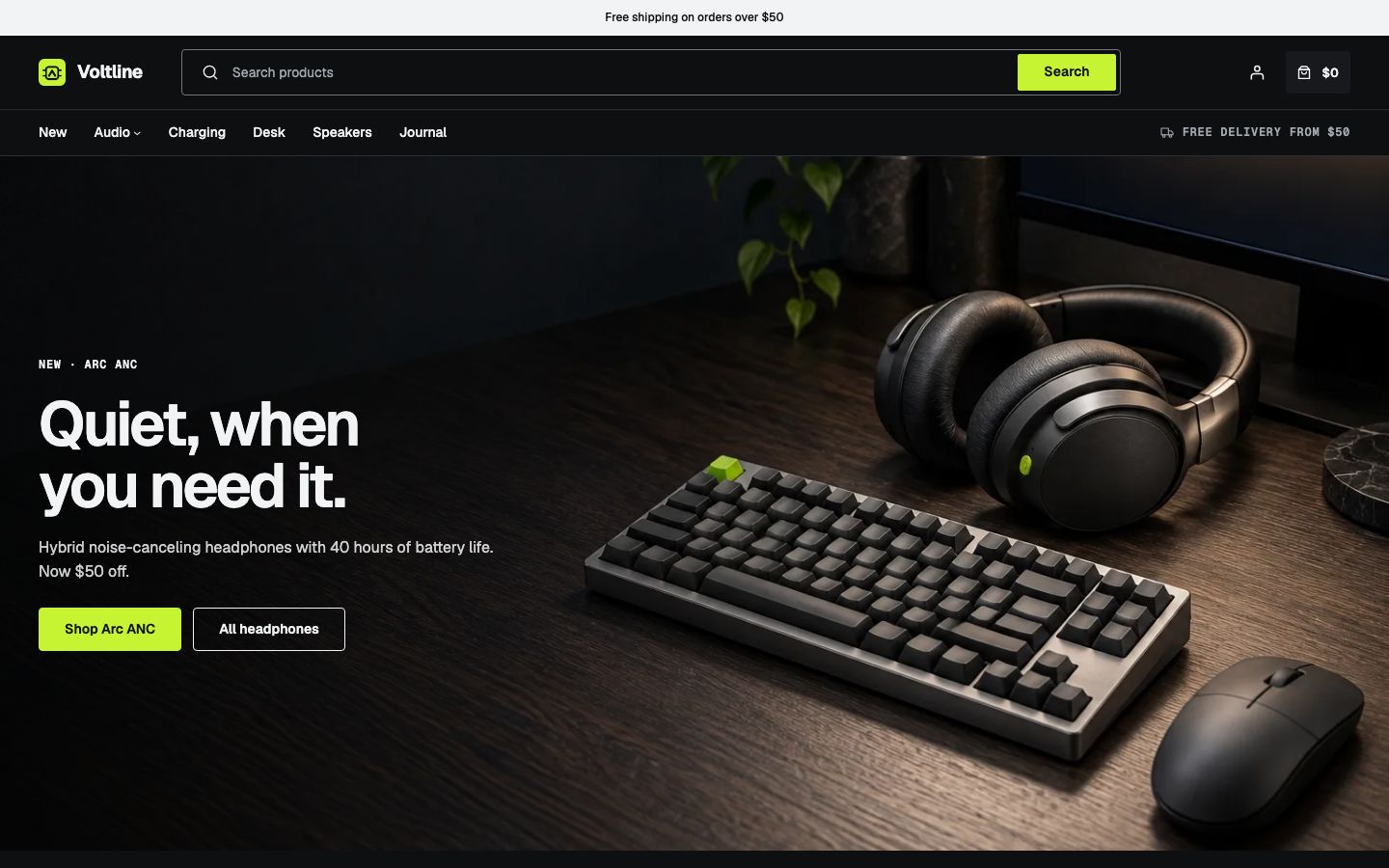 The Voltline demo's home page, on a dark storefront