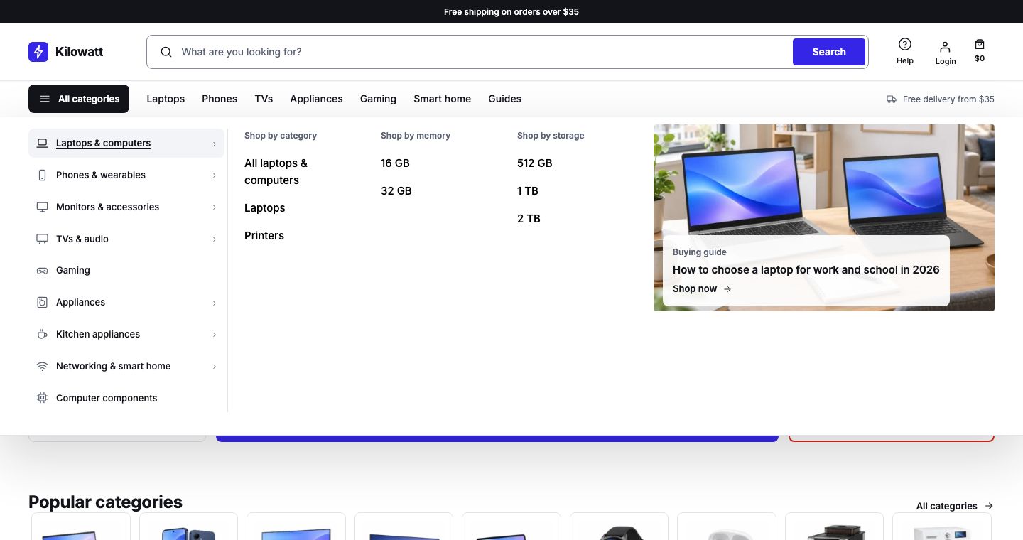 The Kilowatt header with All categories open: departments with icons, columns and a promotion