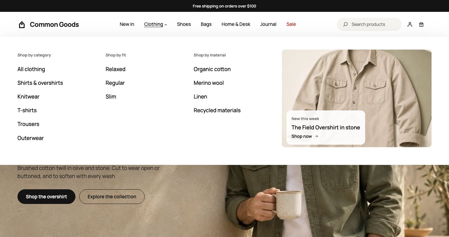The Common Goods header with the Clothing mega menu open: three columns of links and a promotion